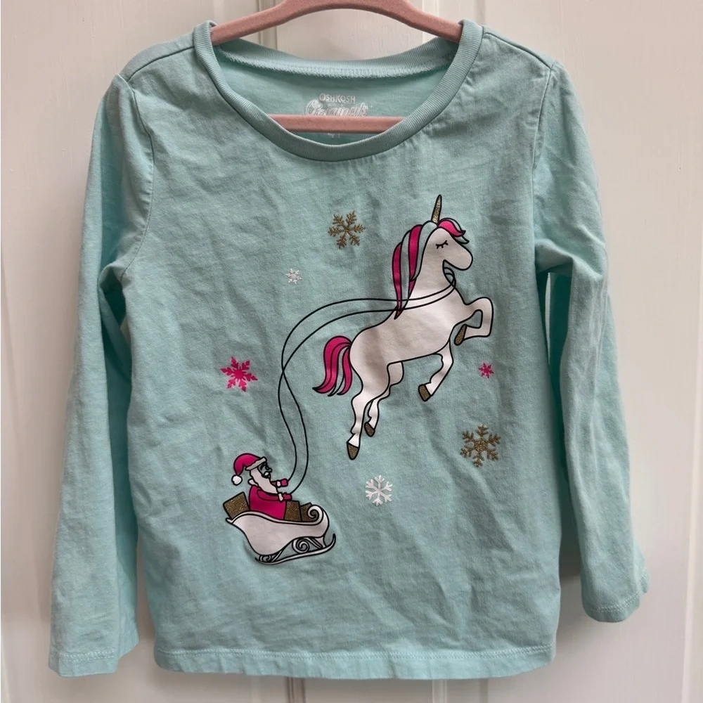 OshKosh B'gosh 4T Girls Light Blue Unicorn Santa Long Sleeve Shirt Top Christmas
